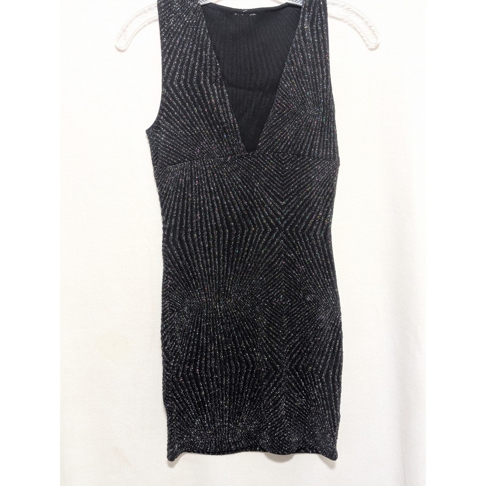 Black Metallic Silver Geometric Sunburst V-Neck Bodycon Mini Dress Small